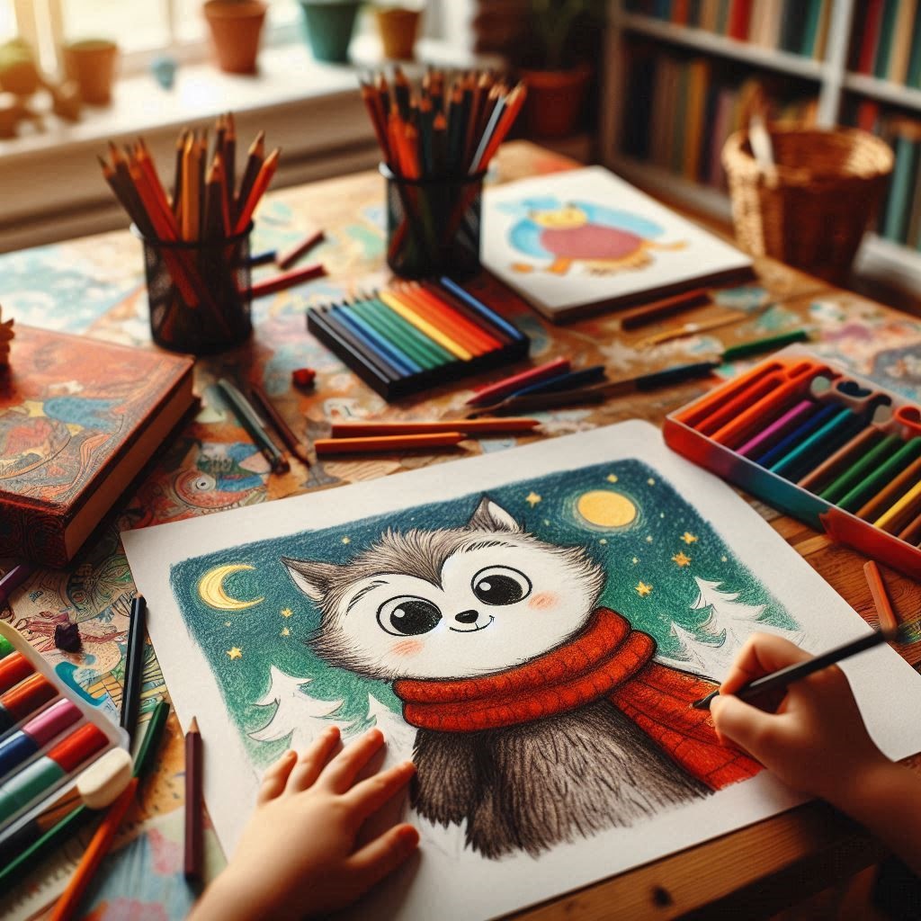 A child drawing a book character on a colorful art table with crayons.