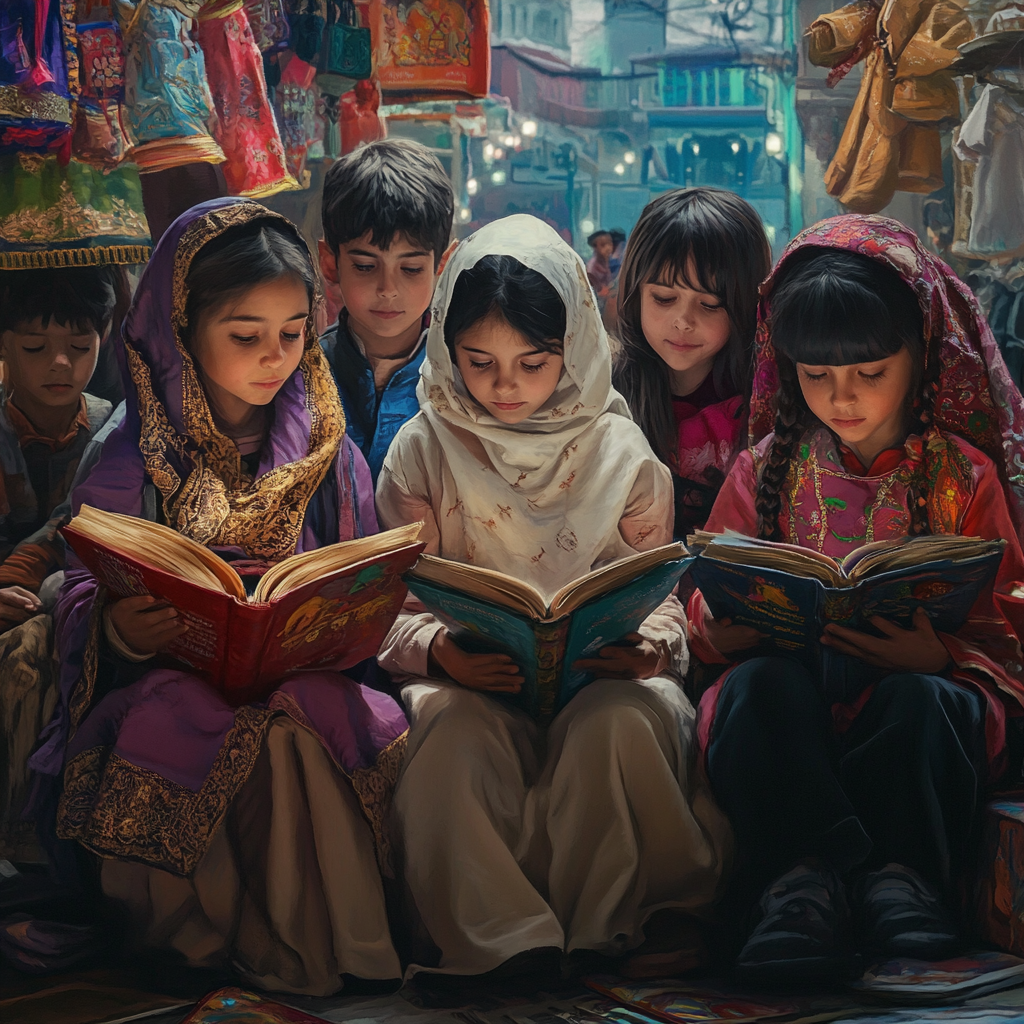 Characters of various backgrounds sharing stories, engaging a young child and promoting cultural awareness.