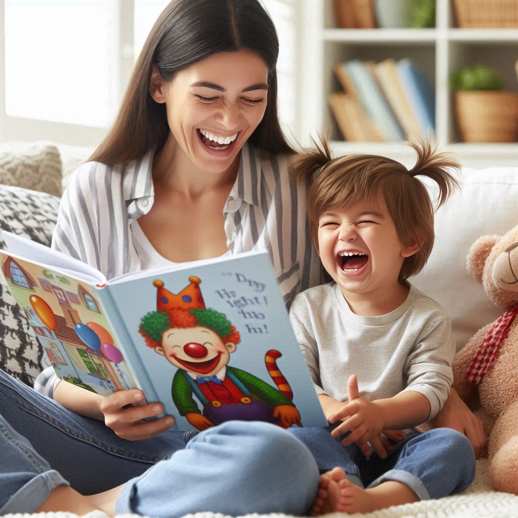A parent and child sharing a laugh while reading a children’s book in a living room.