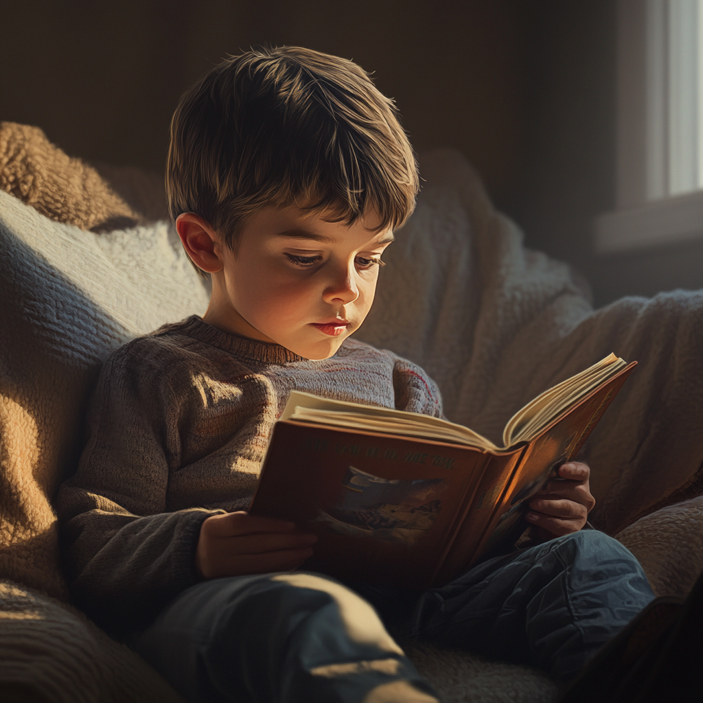 A child absorbed in reading, with blurred surroundings highlighting focus and concentration.