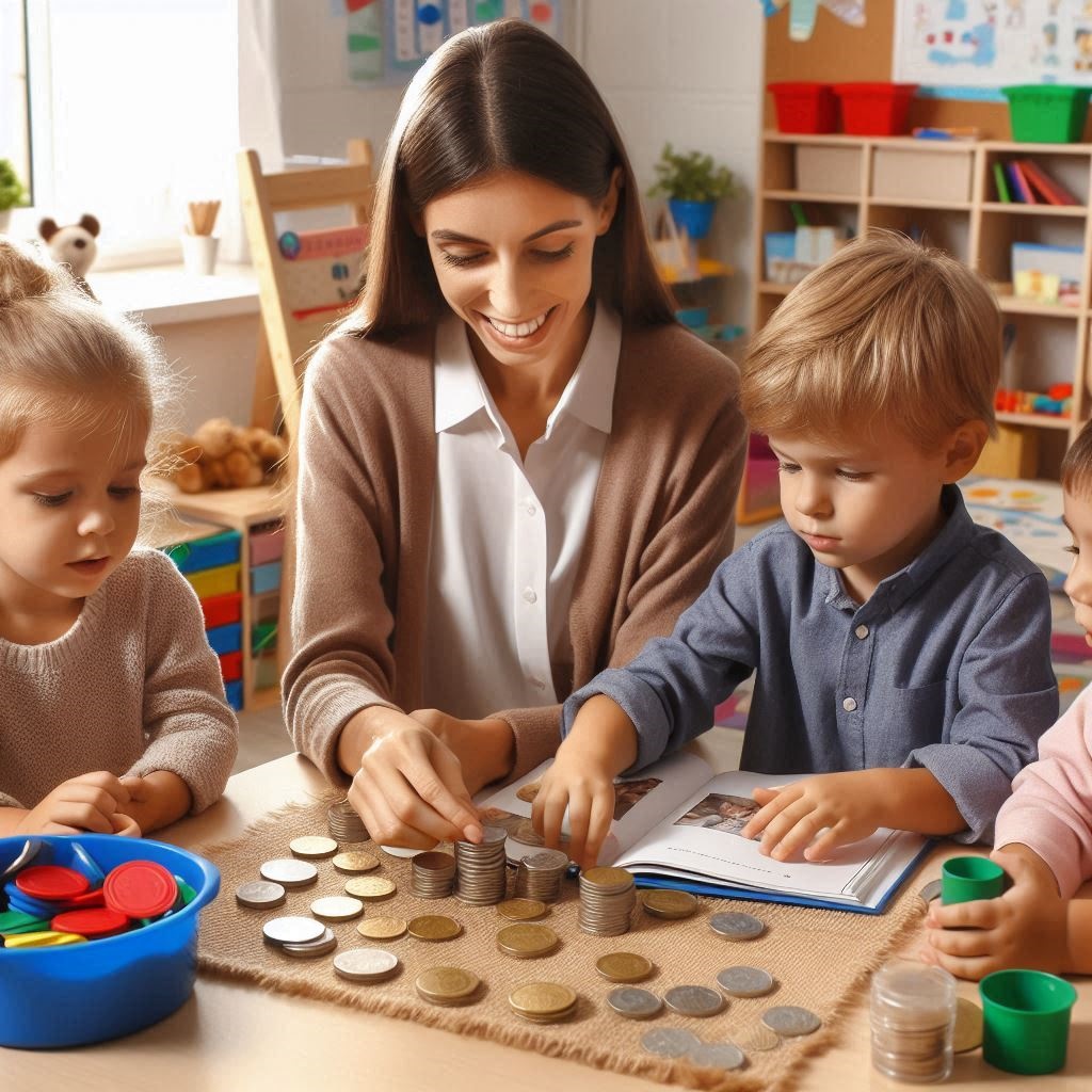 Young children learning to count with oversized coins under teacher guidance.