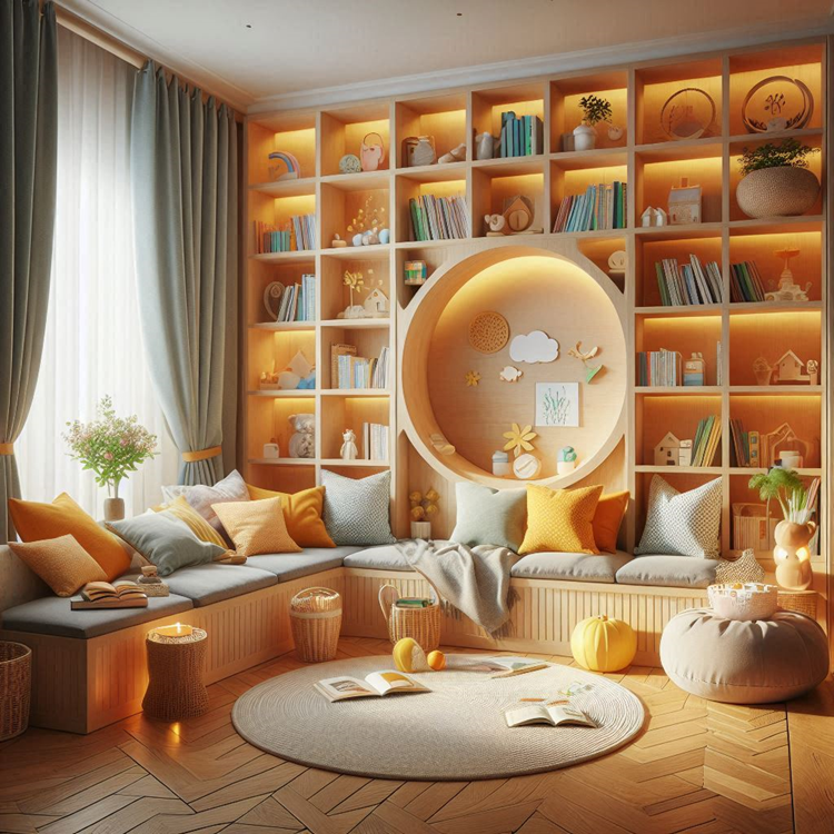 A comfortable children's reading nook with bookshelves, soft cushions, and warm lighting