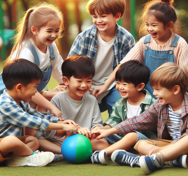 Diverse group of children from different cultures playing together in a colorful playground, showcasing cultural harmony and friendship.