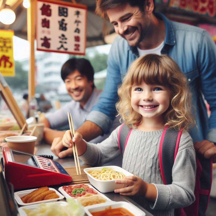 Young child confidently orders food from a colorful street food stall in a foreign country while parents observe proudly.
