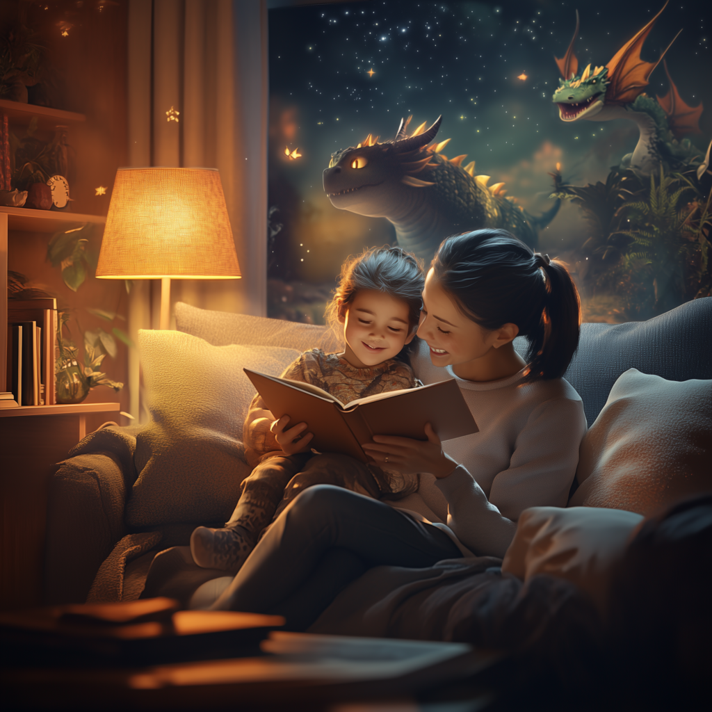 A cozy image of a parent reading with their child on a sofa, with soft, dreamlike story elements like a forest and stars in the background, highlighting the emotional benefits of reading aloud.
