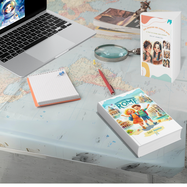 Alt text: A colorful travel-themed children's book on the table with a world map, including titles from popular travel-inspired children's books with recognizable characters peeking out.