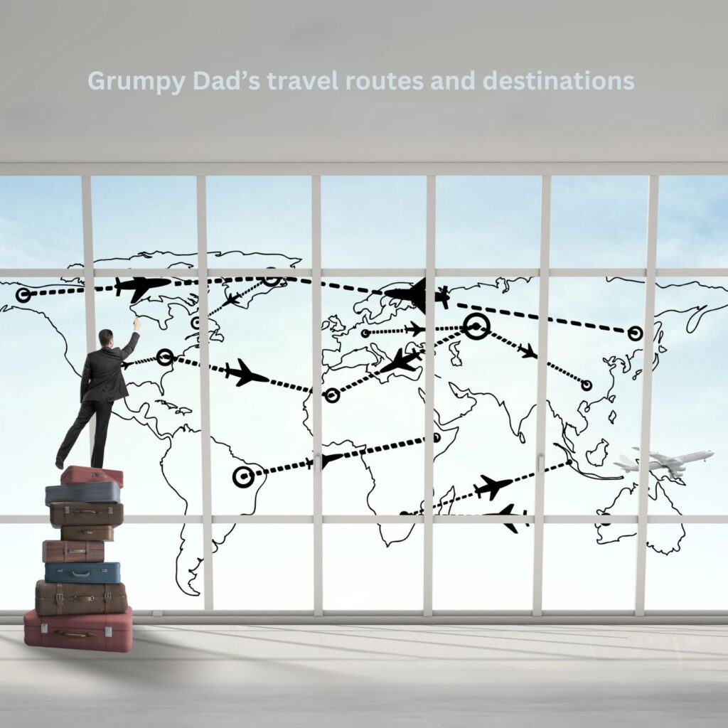 World map with Grumpy Dad’s travel routes and destinations marked for interactive geography lessons.