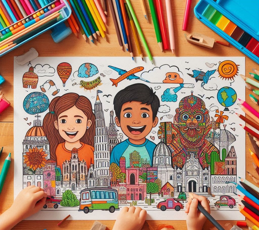 Kids drawing scenes from Grumpy Dad’s travel stories, expressing creativity and learning about global cultures.