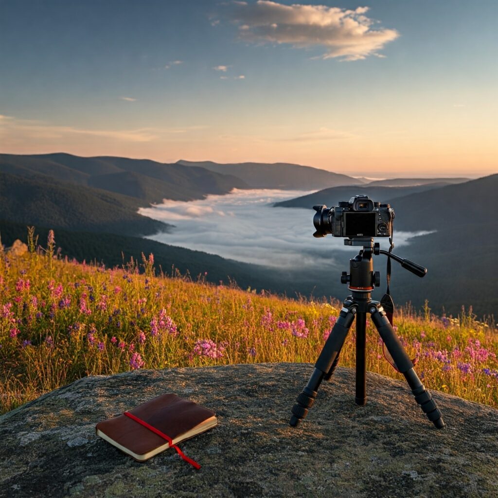 Photographer capturing a mountain scene inspired by descriptive travel writing.