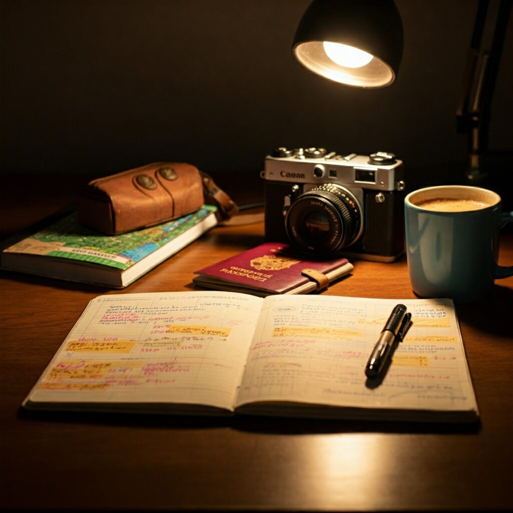 Traveler planning a trip with guidebooks, maps, and notes spread out on a desk.