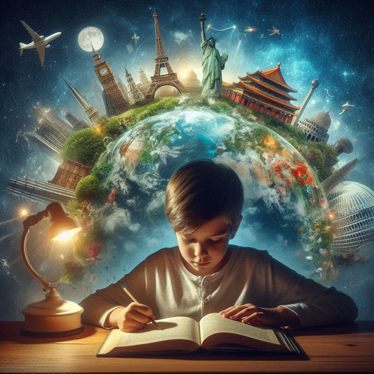 Child's imagination exploring world geography through books