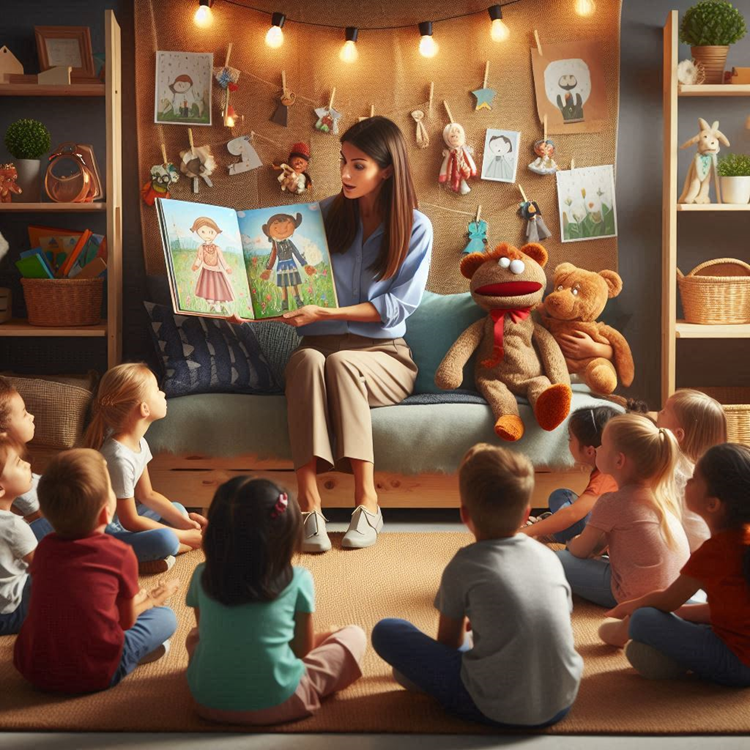 Animated teacher conducting an interactive storytelling session with engaged young students using props and puppets.