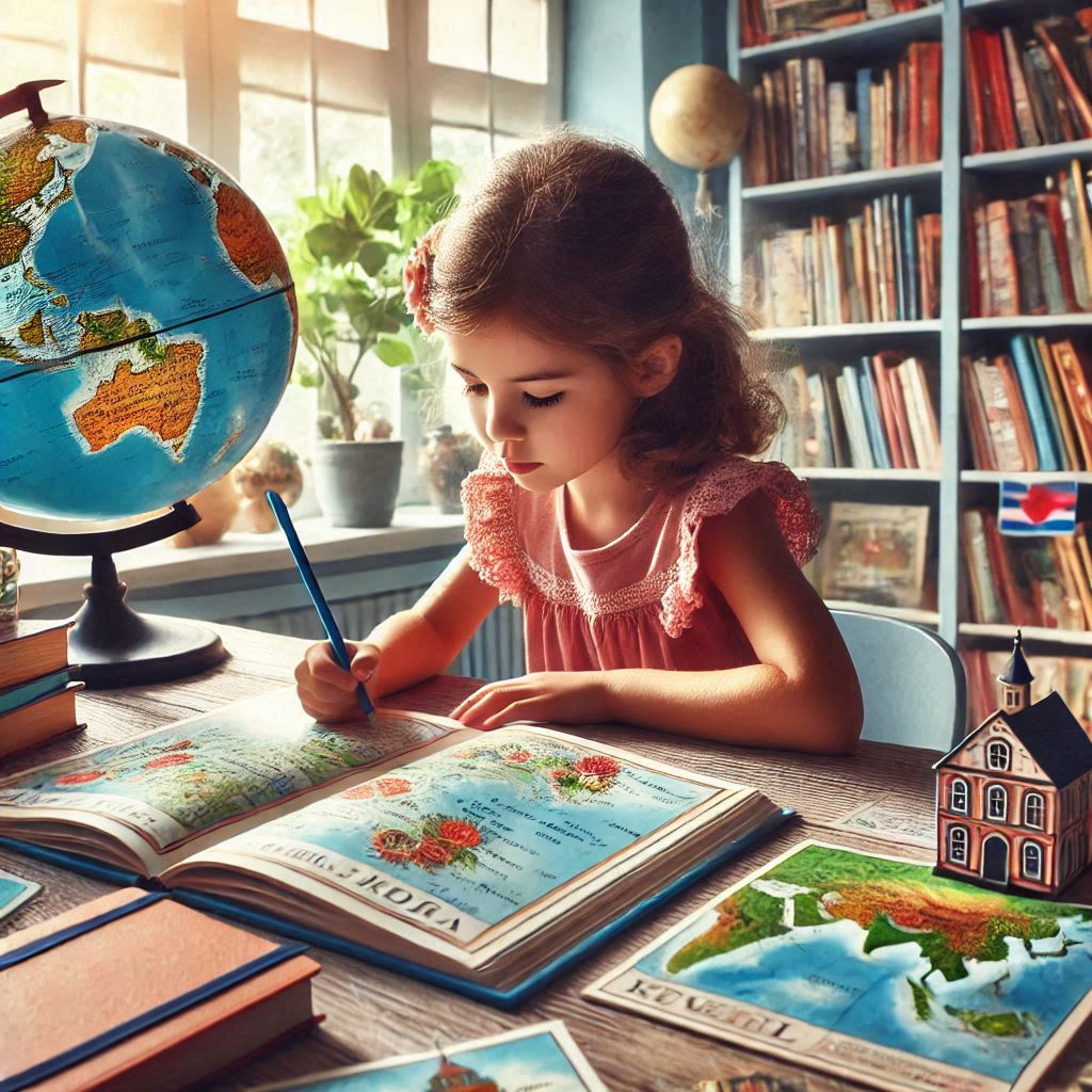 A child reading a travel book at a desk with maps, a globe, and educational materials around them.