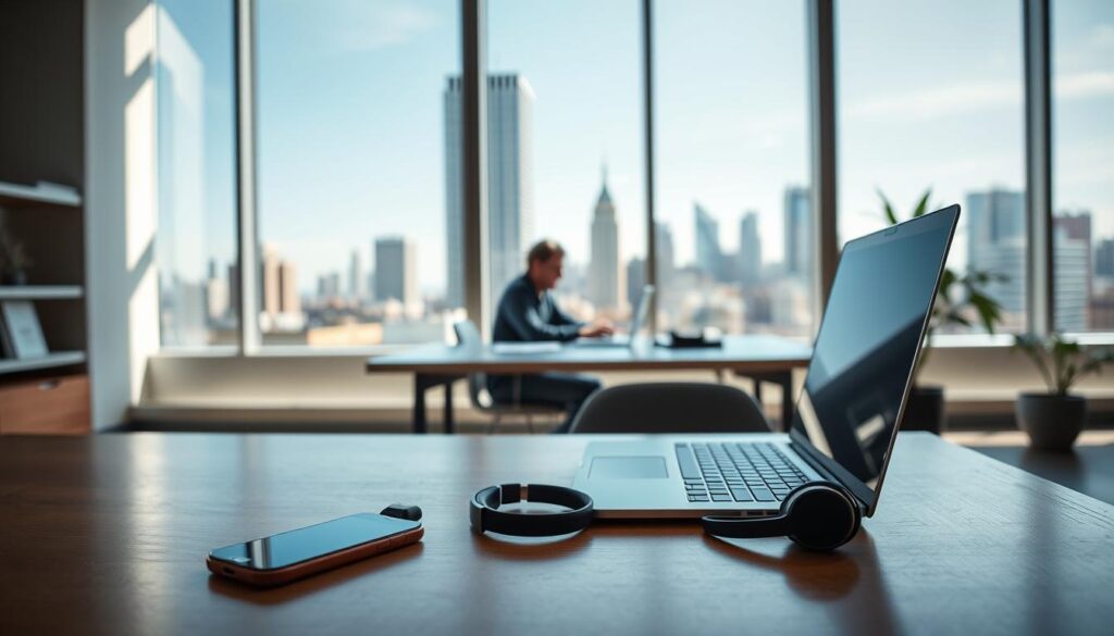 Office desk with laptop and headset, city skyline in the background.