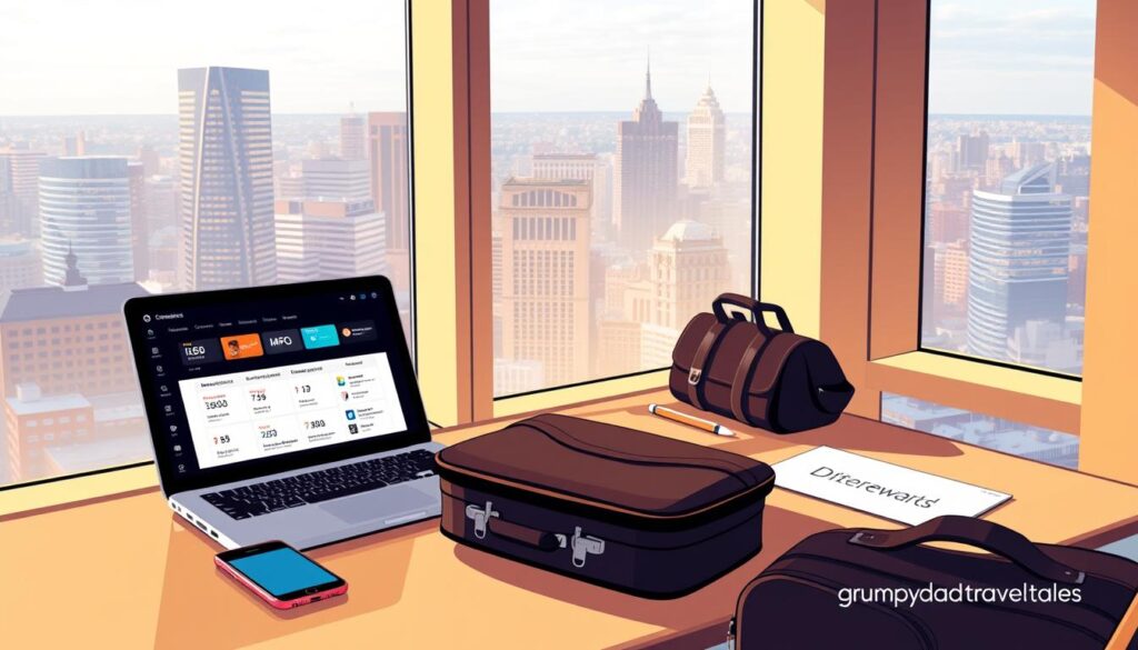 Travel workspace setup with a laptop, phone, and bags by a high-rise window overlooking a city skyline.