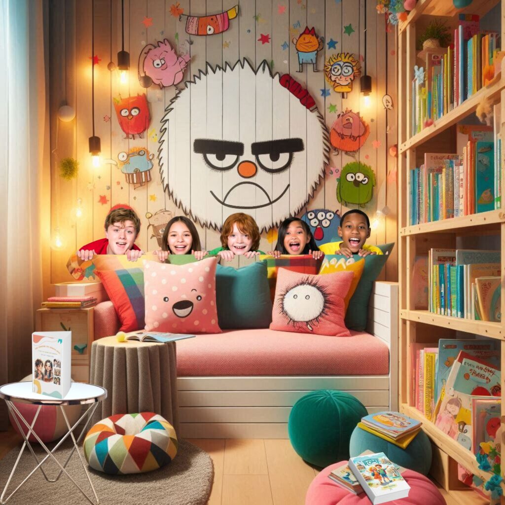 Five children sitting on a cozy reading nook with playful monster decorations in a colorful, book-filled room
