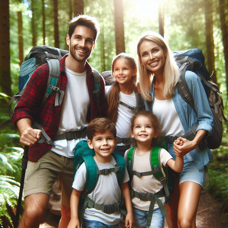 Happy family with backpacks hiking in a lush forest.