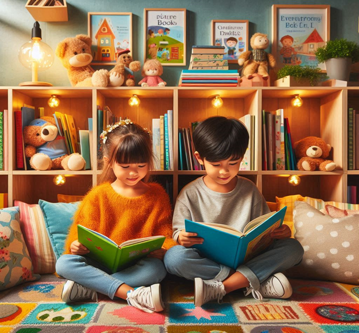 Two children happily reading books in a cozy, colorful reading nook filled with books, toys, and warm lights