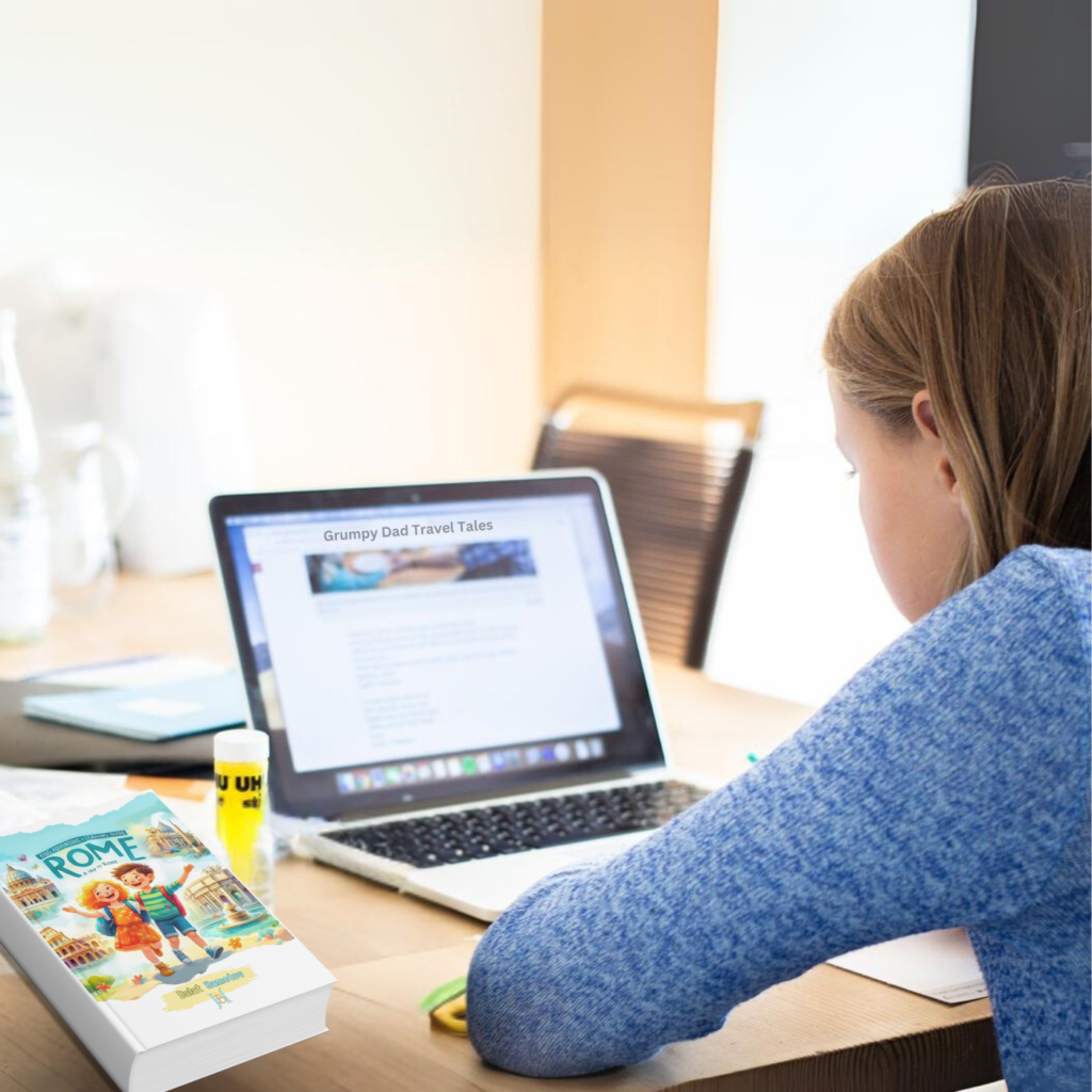 A young girl studies at a desk, looking at a laptop with "Grumpy Dad Travel Tales" on the screen. A colorful book titled "Rome" lies nearby.
