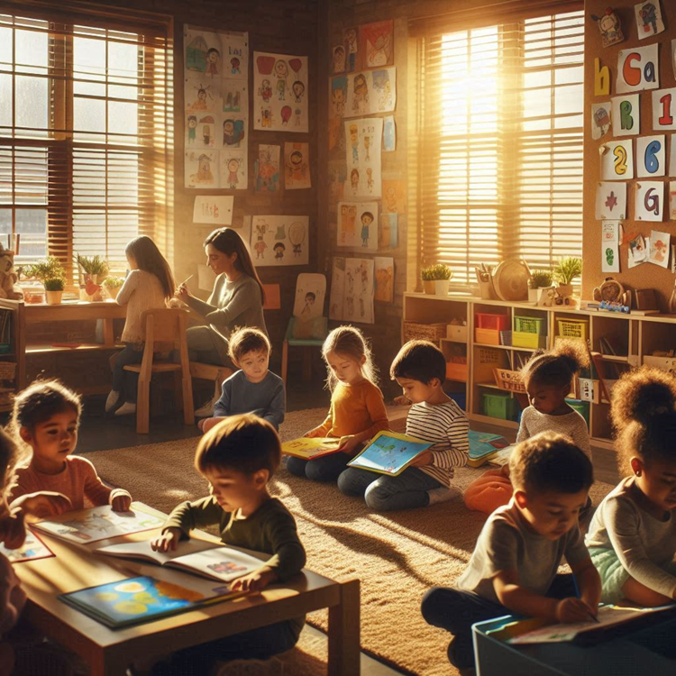 Diverse group of young children actively participating in early literacy activities in an engaging classroom environment