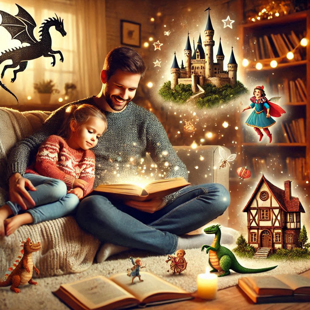 Family engaged in interactive, magical storytime experience