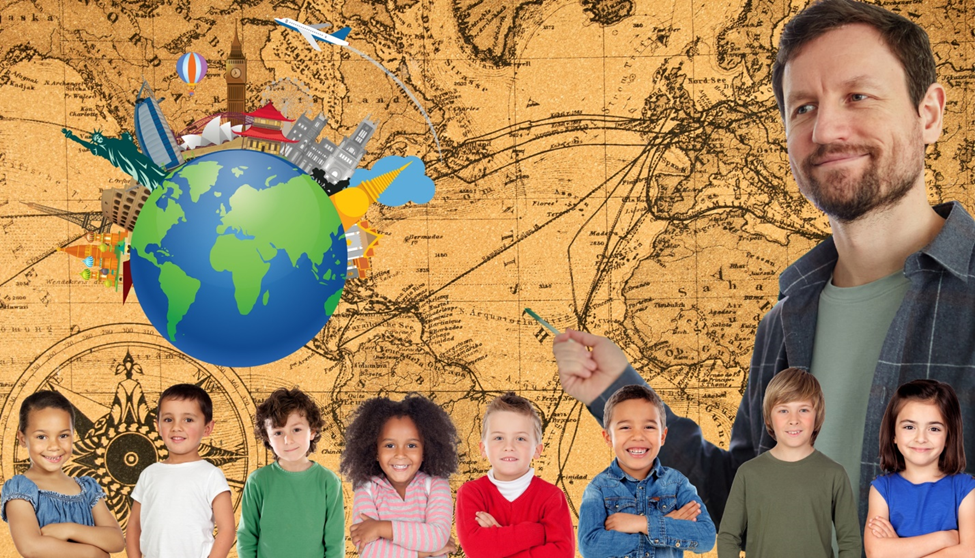 Diverse group of children and a teacher smiling in front of a vintage world map, with floating globe and iconic global landmarks like the Statue of Liberty, Eiffel Tower, and Big Ben.