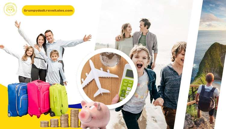 Happy family with luggage at airport terminal, smiling and ready for vacation departure