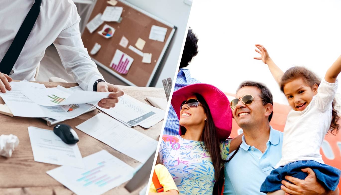 A close-up of a person counting US dollar bills, with smaller inset images showing a smiling graduate holding money and a summer scene with sunglasses, a sunhat, and a cocktail by a pool.