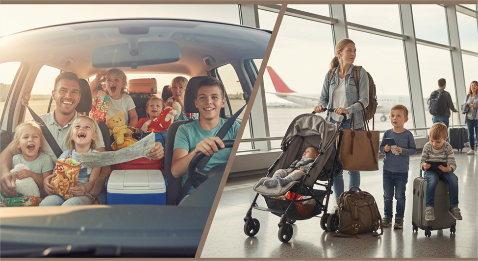 Happy family of seven in a packed car on the left, stressed mother with three young children and a stroller in a busy airport on the right.