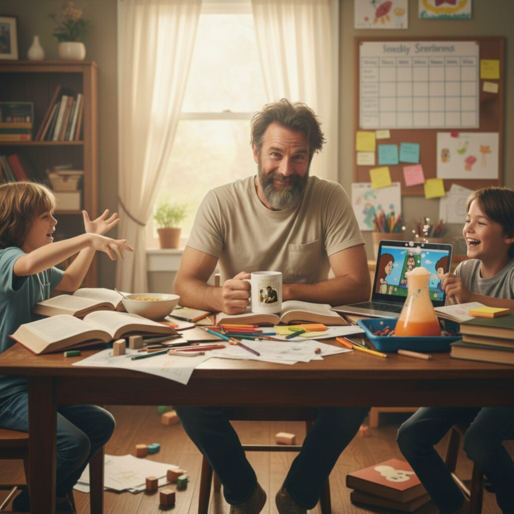 Grumpy dad homeschooling kids at messy kitchen table, smiling.