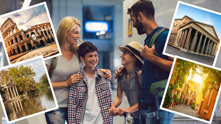 A family happily preparing for a trip to Rome, surrounded by photos of famous landmarks like the Colosseum and Pantheon.