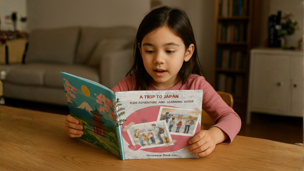 A young girl with dark hair is reading the children's book A Trip to Japan.