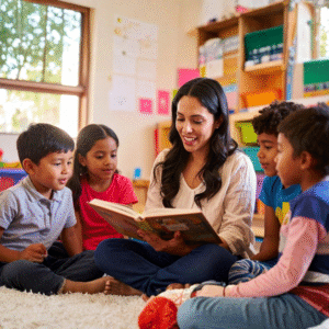 A female teacher reads to four diverse young children.
